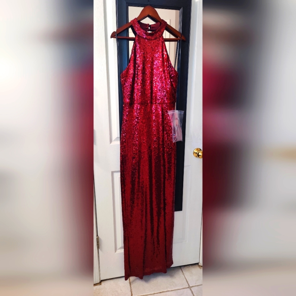 NWT Burgundy/Wine Sequin Halter Gown W. Slit & Mask Prom Pageants